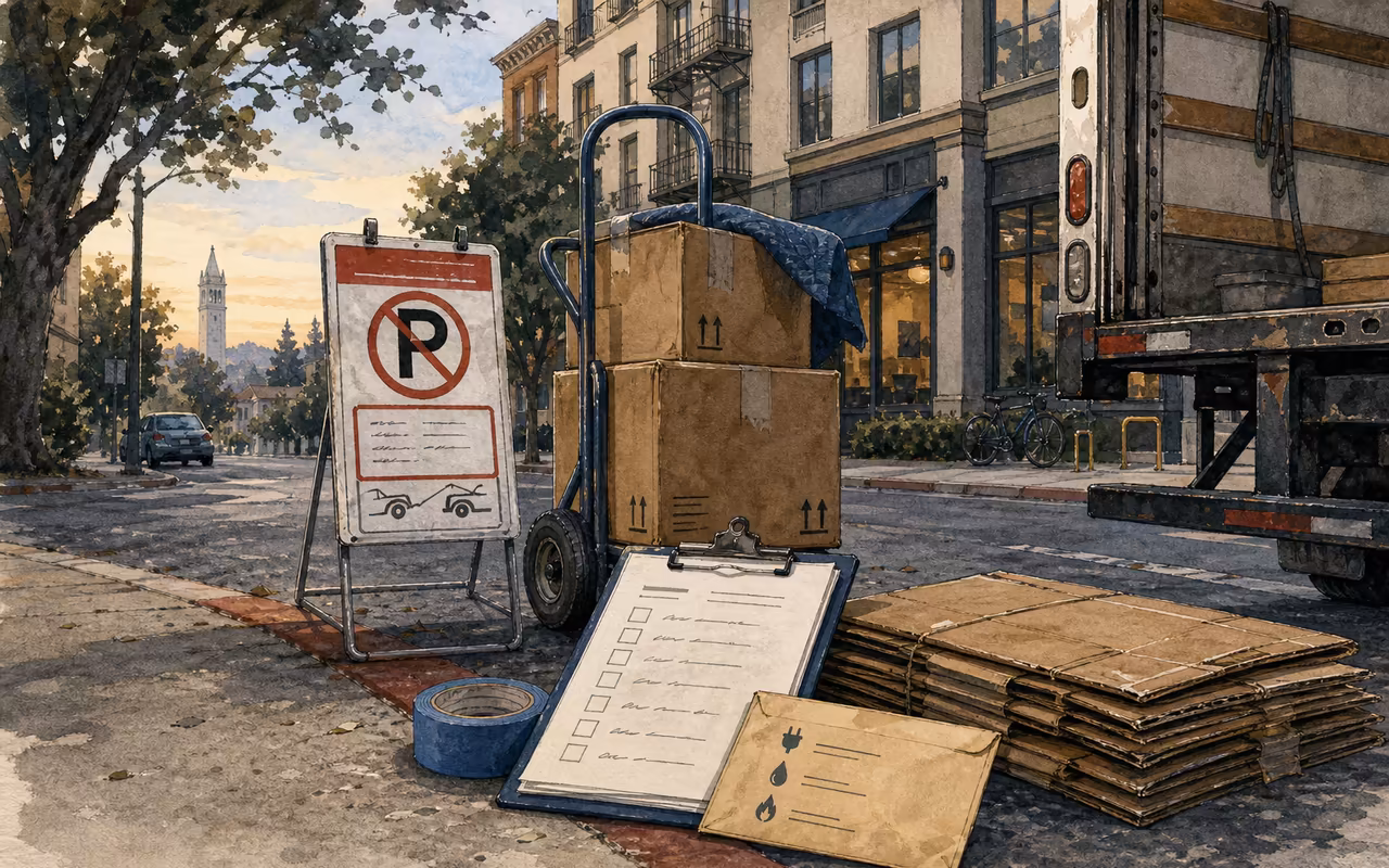 Editorial illustration of a Berkeley move-in morning with a dolly of boxes, no-parking sign, moving truck, clipboard, tape, utility envelope, and distant campus tower.