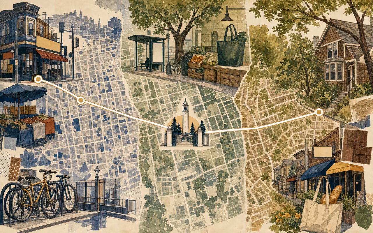 Editorial triptych map comparing Berkeley student neighborhoods through dense Southside blocks, Northside grocery and transit cues, leafy Elmwood texture, and a campus route.