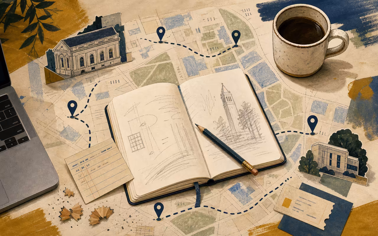 Editorial desk-map collage with a notebook, pencil, coffee cup, campus map route pins, library cutout, laptop edge, and study-ticket scraps.