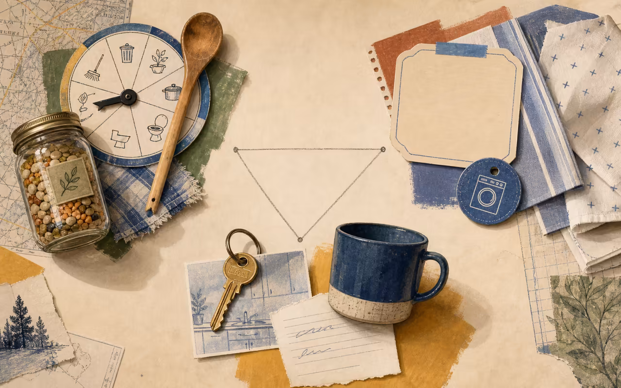 Editorial comparison still life with co-op chore wheel and pantry jar, dorm laundry and meal-card objects, apartment key and mug, connected by pencil lines.