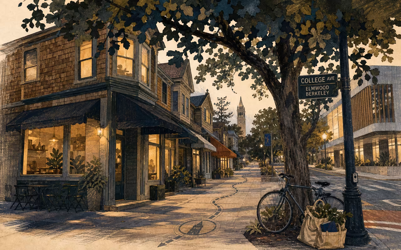 Editorial illustration of Elmwood on College Avenue with tree canopy, quiet storefronts, warm windows, bicycle, grocery tote, modern facade fragment, and campus path.