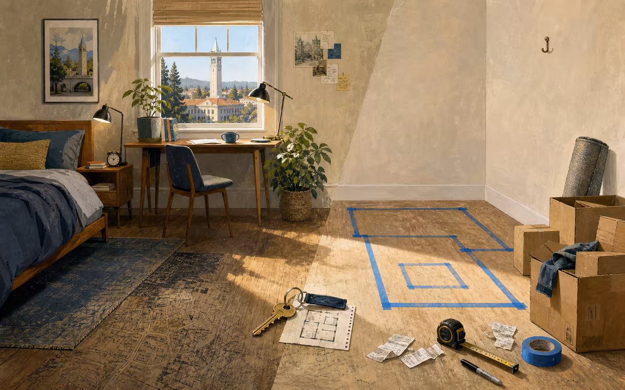 Editorial split-room illustration with a furnished bed and desk on one side, moving boxes and taped furniture outlines on the other, bridged by keys and floorplan.