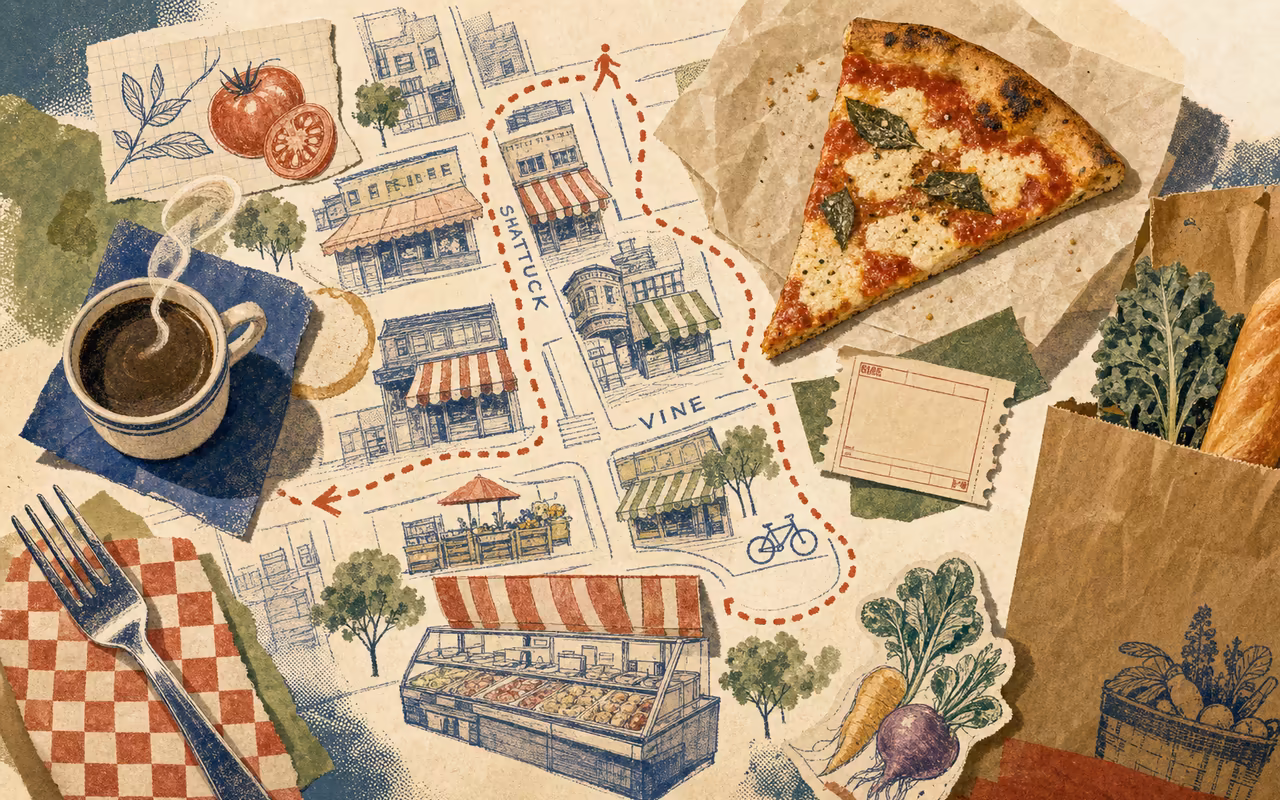 Editorial food-map collage of North Shattuck with pizza, coffee, produce, grocery bag, fork, storefront sketches, and a dotted walking route.