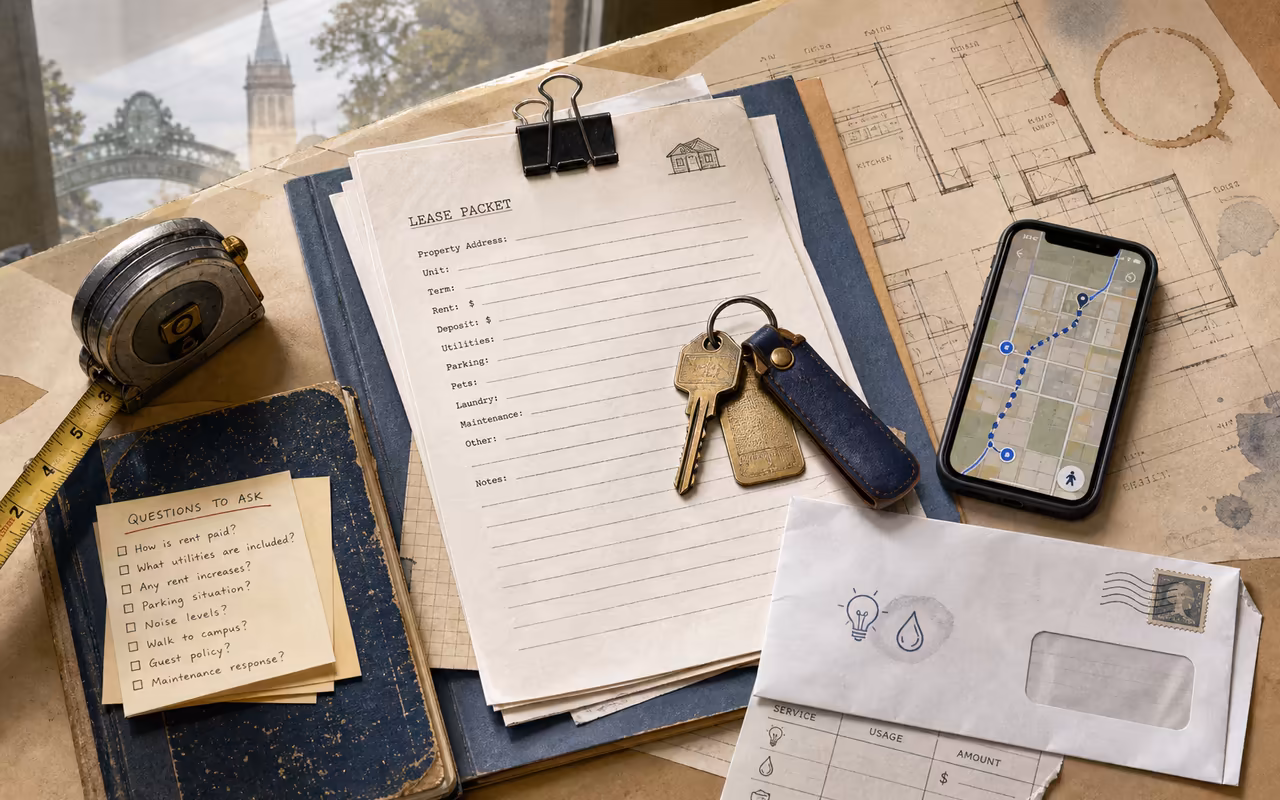 Editorial tabletop still life of a Berkeley housing lease packet, apartment keys, tape measure, checklist note, route map phone, floorplan, and utility envelope.