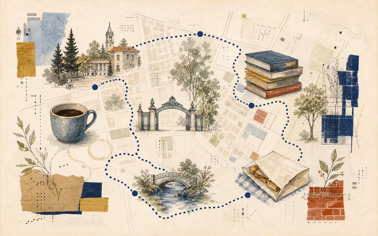 Editorial walking-loop map with Sather Gate, coffee cup, book stack, food wrapper, creek bridge, street trees, dotted route, and campus-edge paper textures.