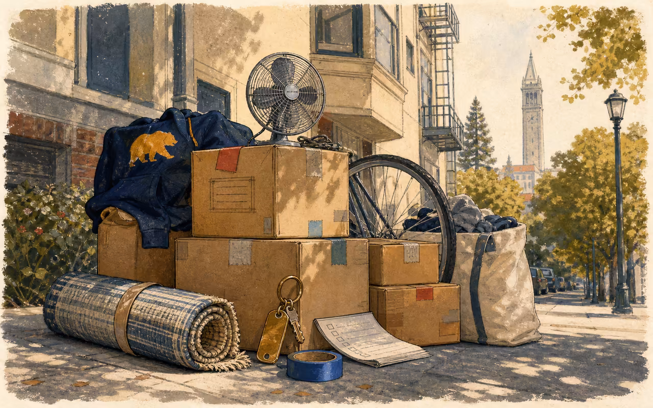 Editorial illustration of summer move-out boxes, a bike wheel, fan, rolled rug, laundry bag, and storage key tag on a Berkeley sidewalk with the Campanile in the distance.