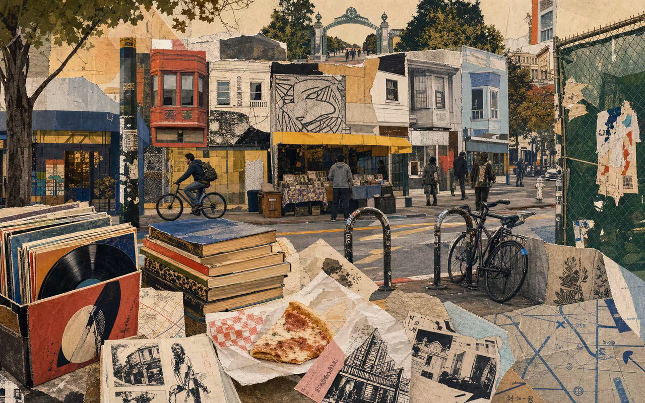Editorial collage of Telegraph Avenue with storefront fragments, record bins, used books, pizza paper, construction fencing, bikes, vendor-table textures, and Sather Gate.
