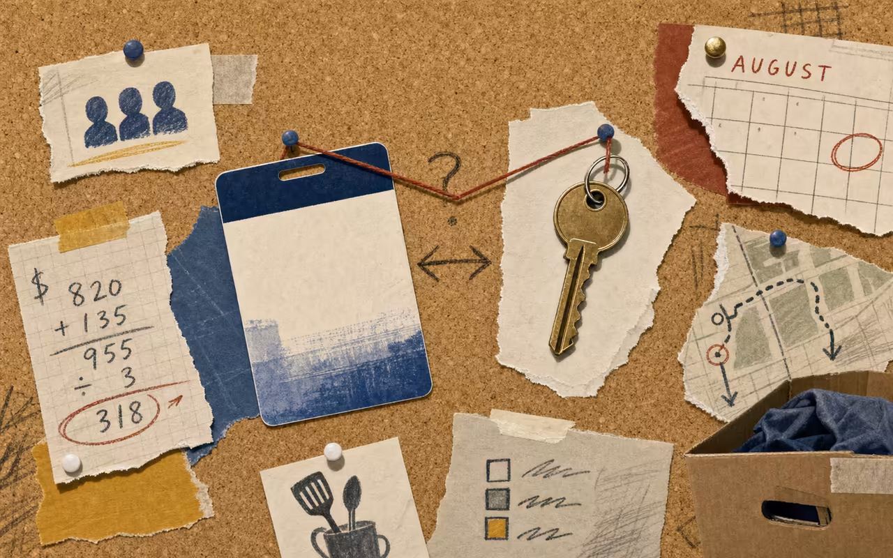 Editorial decision-board collage with a blank dorm card, apartment key, rent math scrap, August calendar corner, route map, kitchen utensil sketch, and moving box.