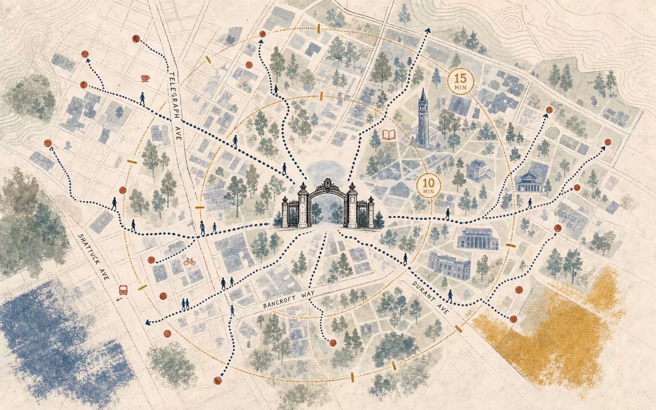 Editorial walking-time atlas with Sather Gate at the center, dotted routes, apartment dots, minute rings, campus trees, street grid, and Berkeley landmarks.