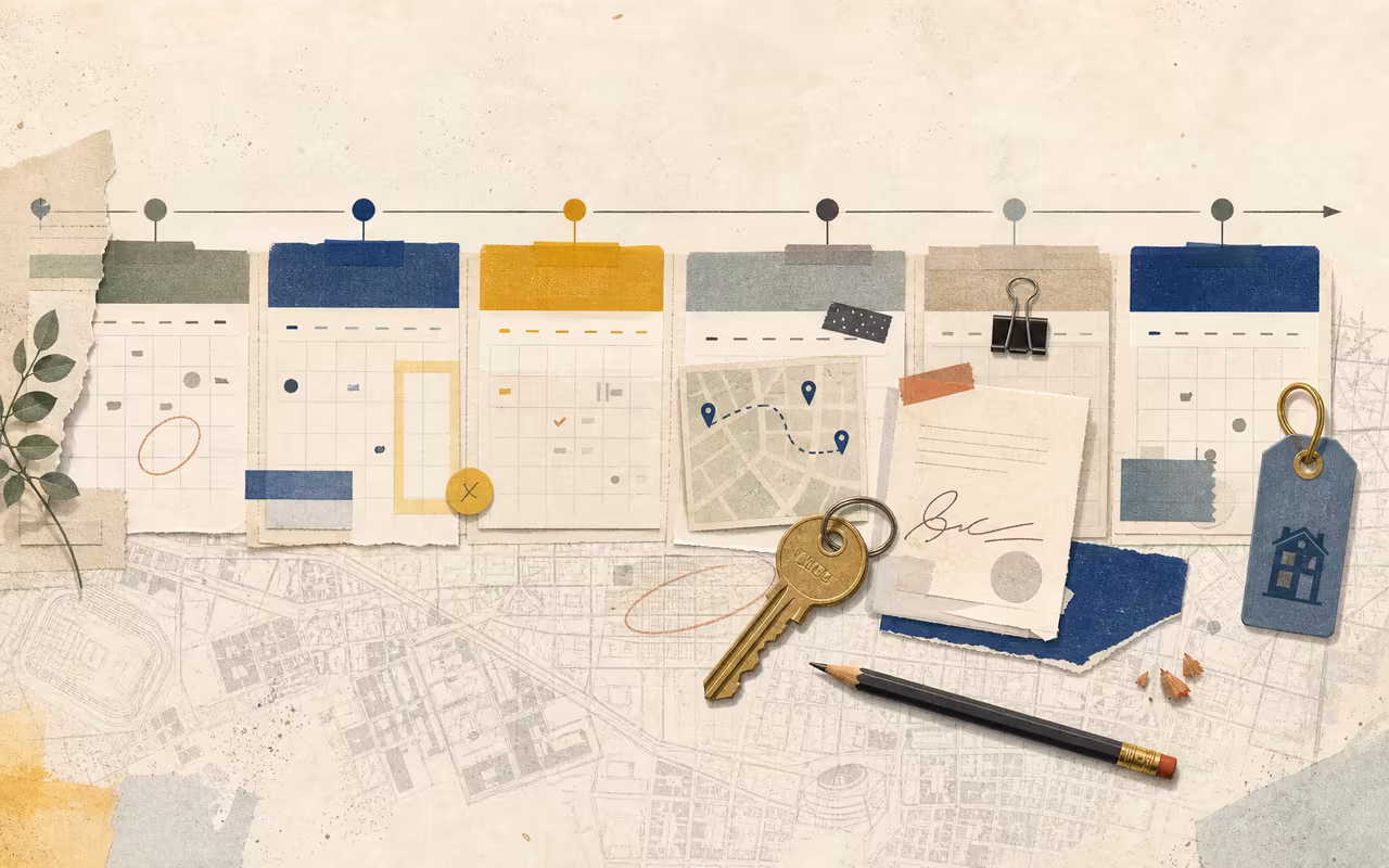 Editorial leasing-calendar collage with abstract month blocks, tour-route card, signature paper, brass keys, pencil, binder clip, and campus map texture.