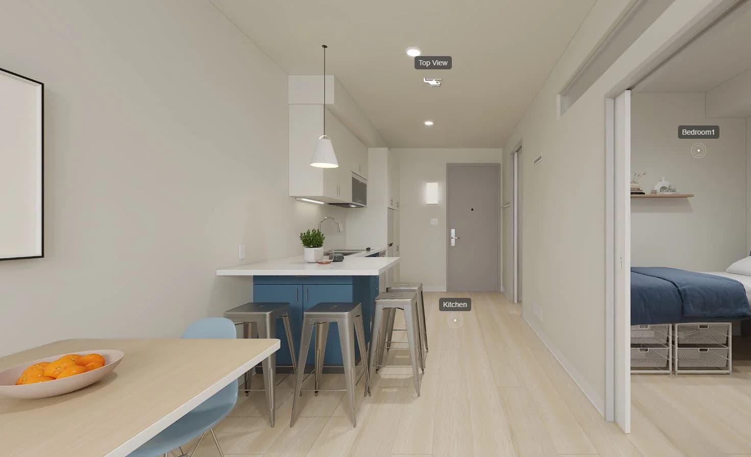 Panoramic Northside 2-bedroom apartment rendering with living area and kitchen at 1752 Shattuck Avenue Berkeley