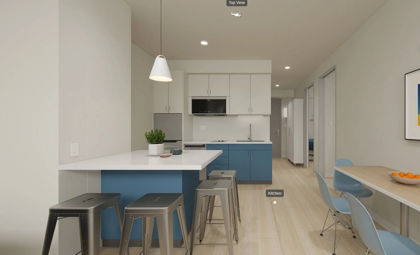 Panoramic Northside 3-bedroom apartment rendering with living area and kitchen at 1752 Shattuck Avenue Berkeley