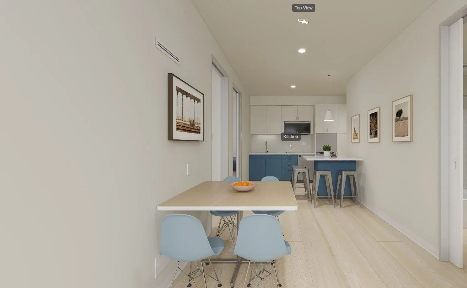 Panoramic Northside 4-bedroom L apartment rendering with living area and kitchen at 1752 Shattuck Avenue Berkeley