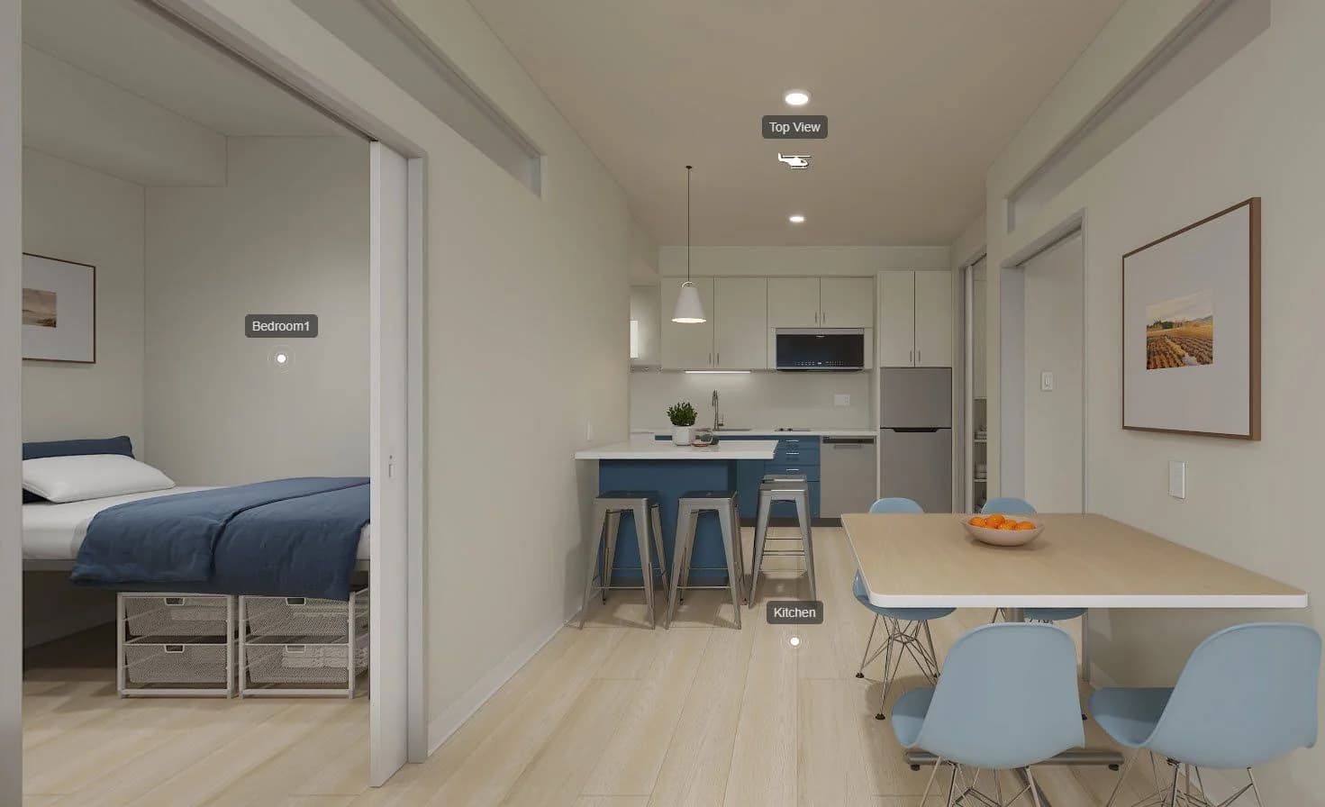 Panoramic Northside 4-bedroom S apartment rendering with living area and kitchen at 1752 Shattuck Avenue Berkeley