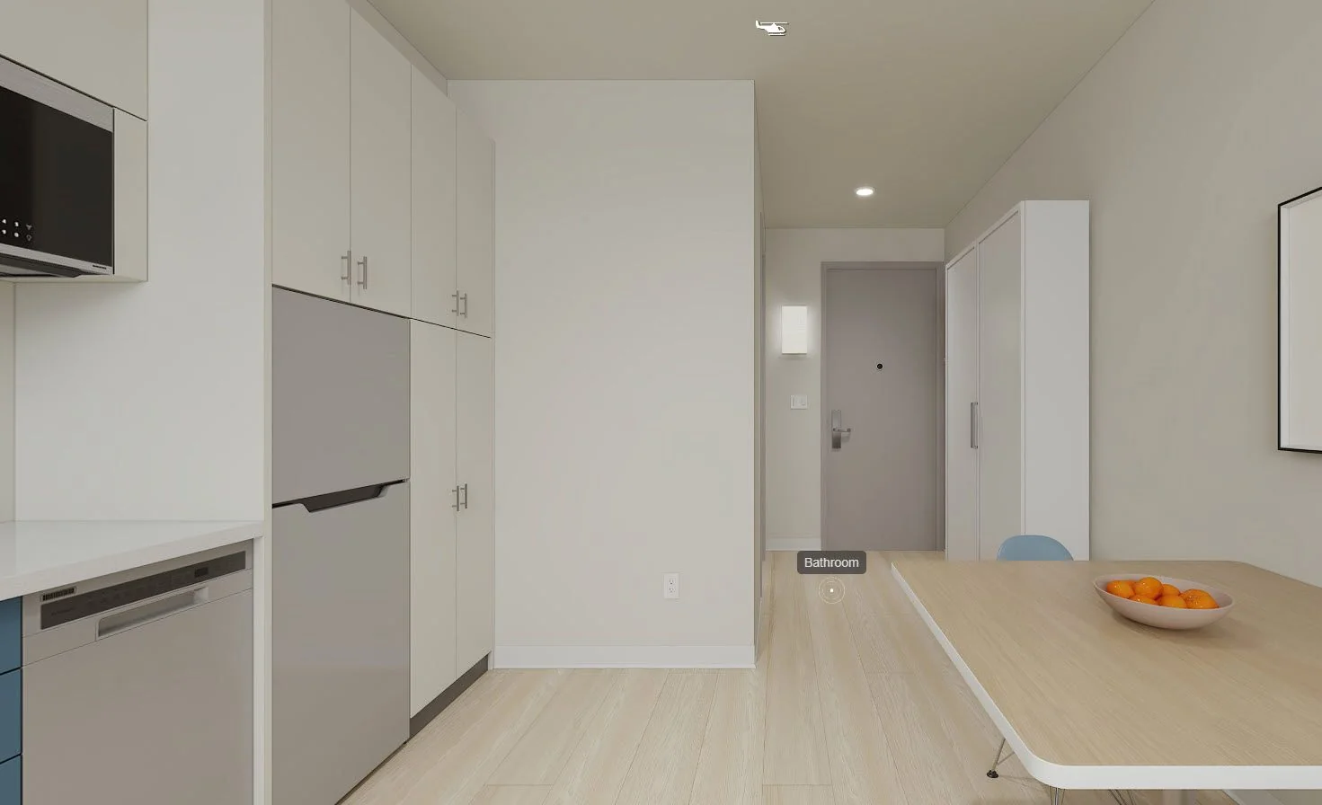 Panoramic Northside studio apartment rendering with bed, desk, and kitchenette at 1752 Shattuck Avenue Berkeley